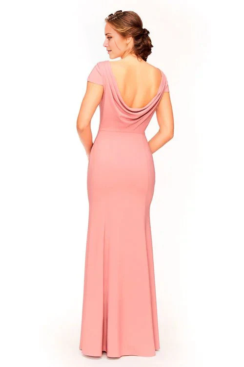 Jimiss boat neckline short sleeved backless and floor length Prom dress